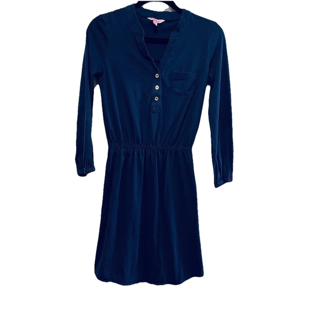 LILLY PULITZER Navy Blue Beckett Pima Cotton Long Sleeve Shirt Dress Sz XXS